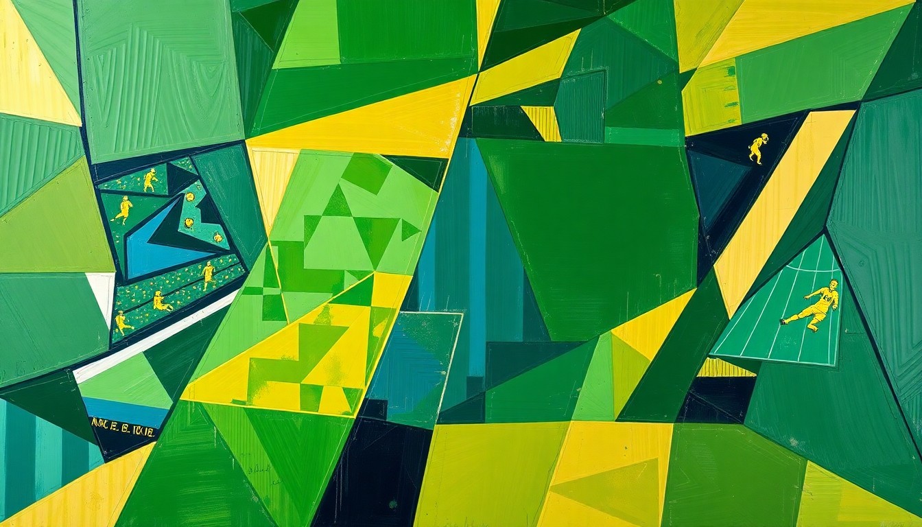 A cubist, geometric painting depicting a fragmented football game or match, with sharp planes of green, gold, and navy blue representing the sport