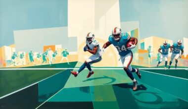 A fragmented, geometric painting depicting a Miami Dolphins running play, with the player