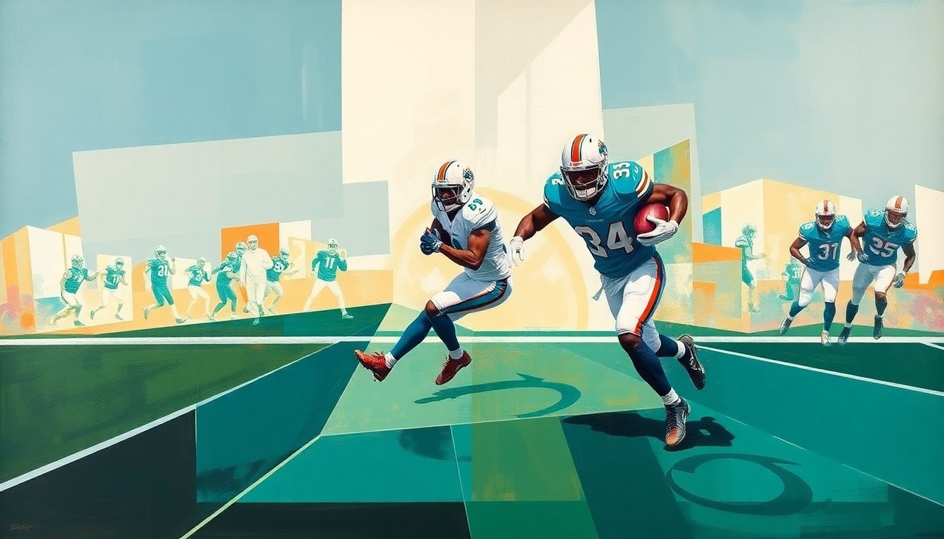 A fragmented, geometric painting depicting a Miami Dolphins running play, with the player