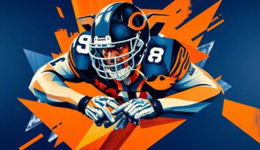 A fractured, cubist-style painting depicting a Chicago Bears defensive lineman in action, with sharp geometric shapes and planes in navy blue, orange, and white, conveying the intensity and pressure of the moment.