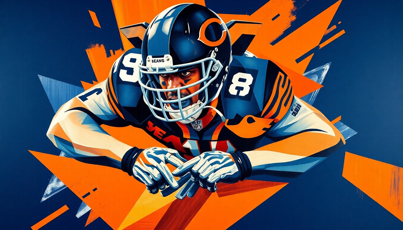 A fractured, cubist-style painting depicting a Chicago Bears defensive lineman in action, with sharp geometric shapes and planes in navy blue, orange, and white, conveying the intensity and pressure of the moment.