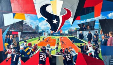 A fragmented, geometric painting depicting a football game or match, with players and the field broken down into sharp, overlapping planes of color and shape, conveying the dynamic energy and strategic complexity of the sport.