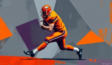 A fragmented, geometric painting showing a football player in the midst of a pass rushing move, with sharp, overlapping planes of dark grey, orange, and purple conveying the raw power and energy of elite edge defense.
