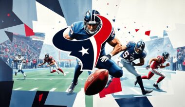 A cubist, geometric painting depicting a fragmented football game scene, with the players