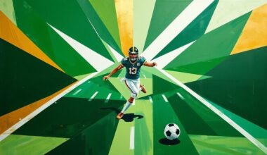 A fragmented, geometric painting depicting a football kickoff return, with sharp planes of green, gold, and white representing the speed and energy of the play.