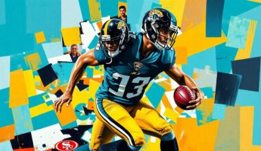 A fractured, multi-perspective painting depicting a football player in action, with sharp, overlapping geometric planes in vibrant teal, gold, and black colors.
