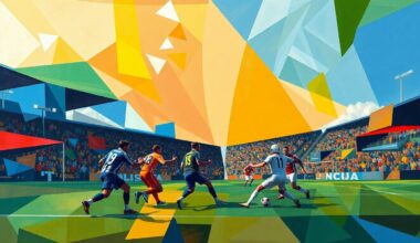 A fragmented, geometric painting in bold colors depicting an abstracted football game, with players and the field broken down into sharp, overlapping planes and shapes, conveying the strategic challenges facing the Rams