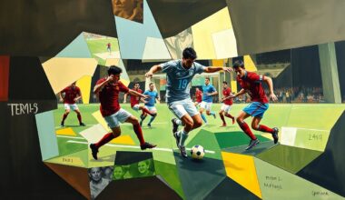 A fractured, geometric painting depicting the dynamic movements and energy of a football game, with the players