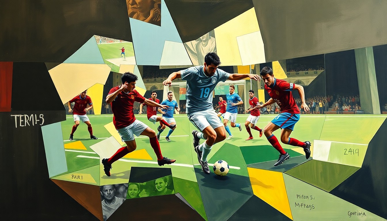 A fractured, geometric painting depicting the dynamic movements and energy of a football game, with the players