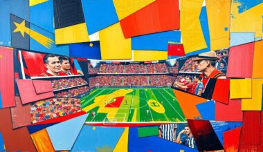 A fragmented, geometric painting in bold primary colors depicting a football game or match, with players and the field deconstructed into sharp, overlapping planes, conveying the strategic challenges the Bills face in rebuilding their roster.