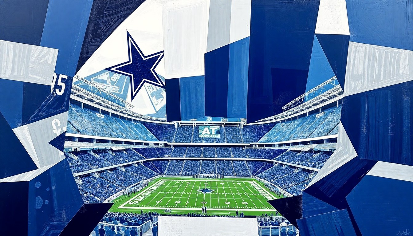 A fragmented, cubist-style painting depicting the Dallas Cowboys football team and AT&T Stadium in a palette of navy blue, silver, and white, with the elements broken down into sharp, overlapping geometric shapes and planes.