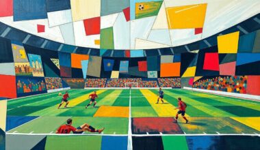 A fragmented, geometric painting featuring overlapping planes of color and shape that deconstruct a football game into its core visual elements.