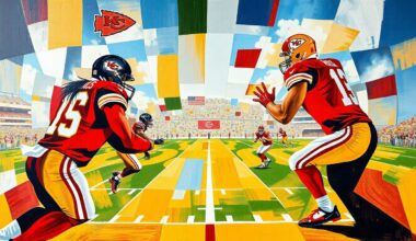 A cubist, geometric painting in red, gold, and white, depicting a fragmented, multi-angled view of a football game, conceptually representing the uncertainty surrounding the Chiefs