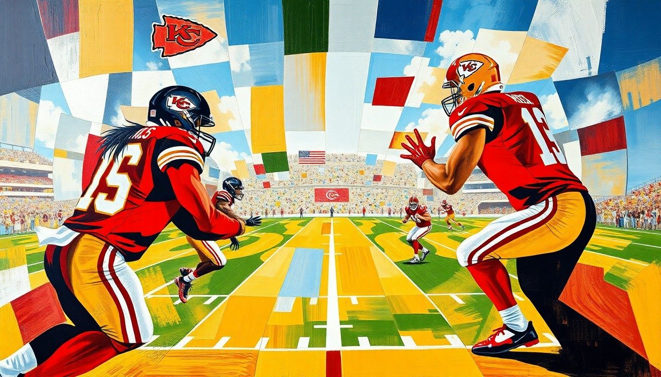 A cubist, geometric painting in red, gold, and white, depicting a fragmented, multi-angled view of a football game, conceptually representing the uncertainty surrounding the Chiefs