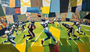 A fragmented, geometric painting depicting a football player in motion, with sharp, overlapping planes of color and form representing the complex dynamics of a veteran quarterback
