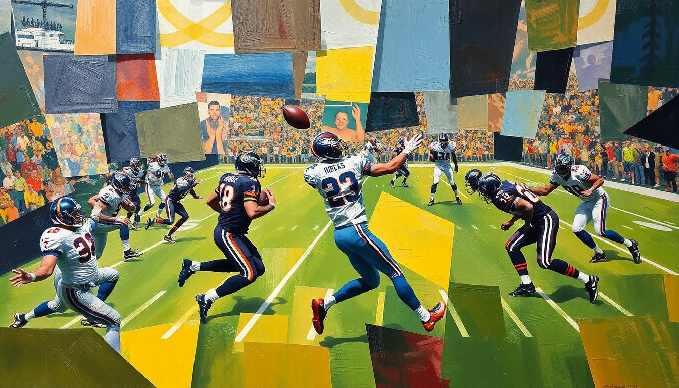 A fragmented, geometric painting depicting a football player in motion, with sharp, overlapping planes of color and form representing the complex dynamics of a veteran quarterback