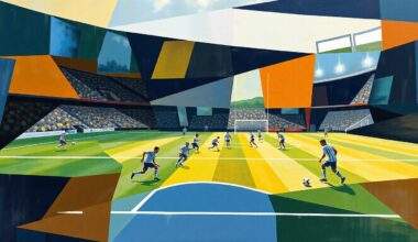 A fragmented, multi-angled painting depicting a football game or match, with the players and field broken down into sharp, overlapping geometric shapes and planes of color, creating a dynamic and abstract visual representation of the sport.