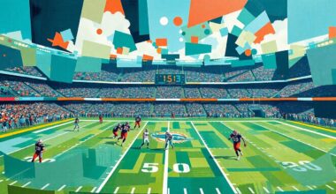 A cubist, geometric painting depicting a fragmented, multi-angled view of a Miami Dolphins football game, capturing the dynamic and ever-changing nature of the team