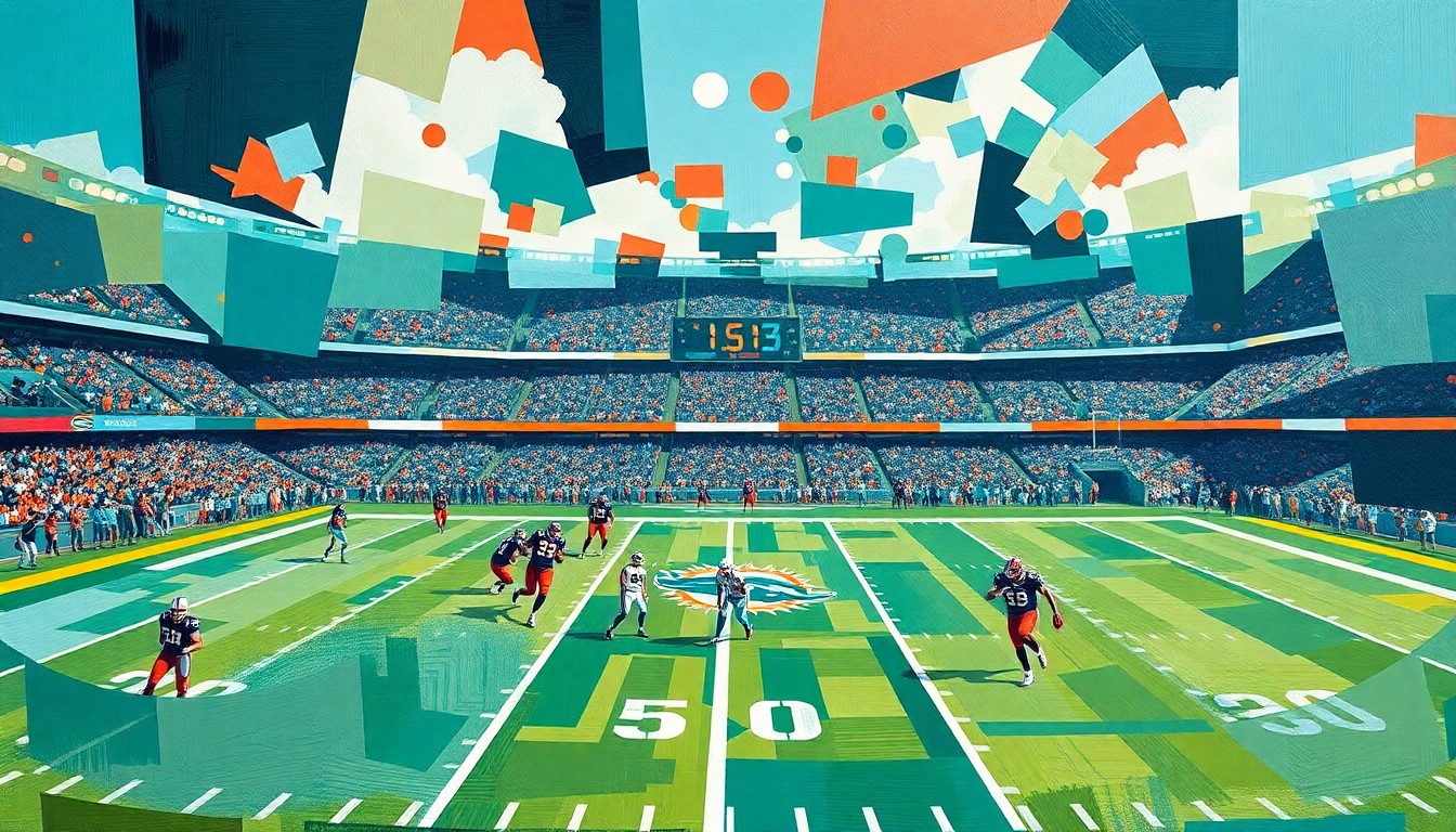 A cubist, geometric painting depicting a fragmented, multi-angled view of a Miami Dolphins football game, capturing the dynamic and ever-changing nature of the team