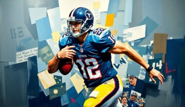 A fractured, geometric painting depicting a football player in motion, with sharp, overlapping planes in the Titans