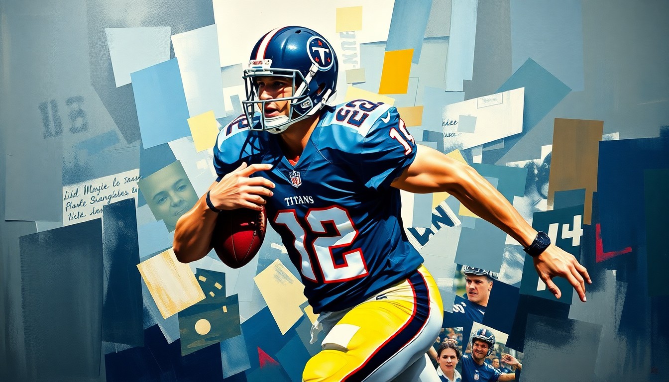 A fractured, geometric painting depicting a football player in motion, with sharp, overlapping planes in the Titans
