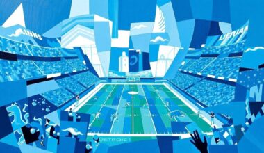 A cubist, geometric painting depicting a Detroit Lions football game, with sharp, overlapping planes of blue and silver colors representing the team