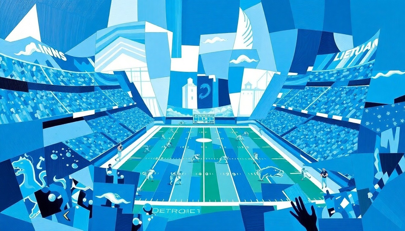 A cubist, geometric painting depicting a Detroit Lions football game, with sharp, overlapping planes of blue and silver colors representing the team