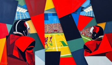 A cubist, geometric painting depicting a fragmented football field or coaching scene, with sharp, overlapping planes of color in the Cardinals
