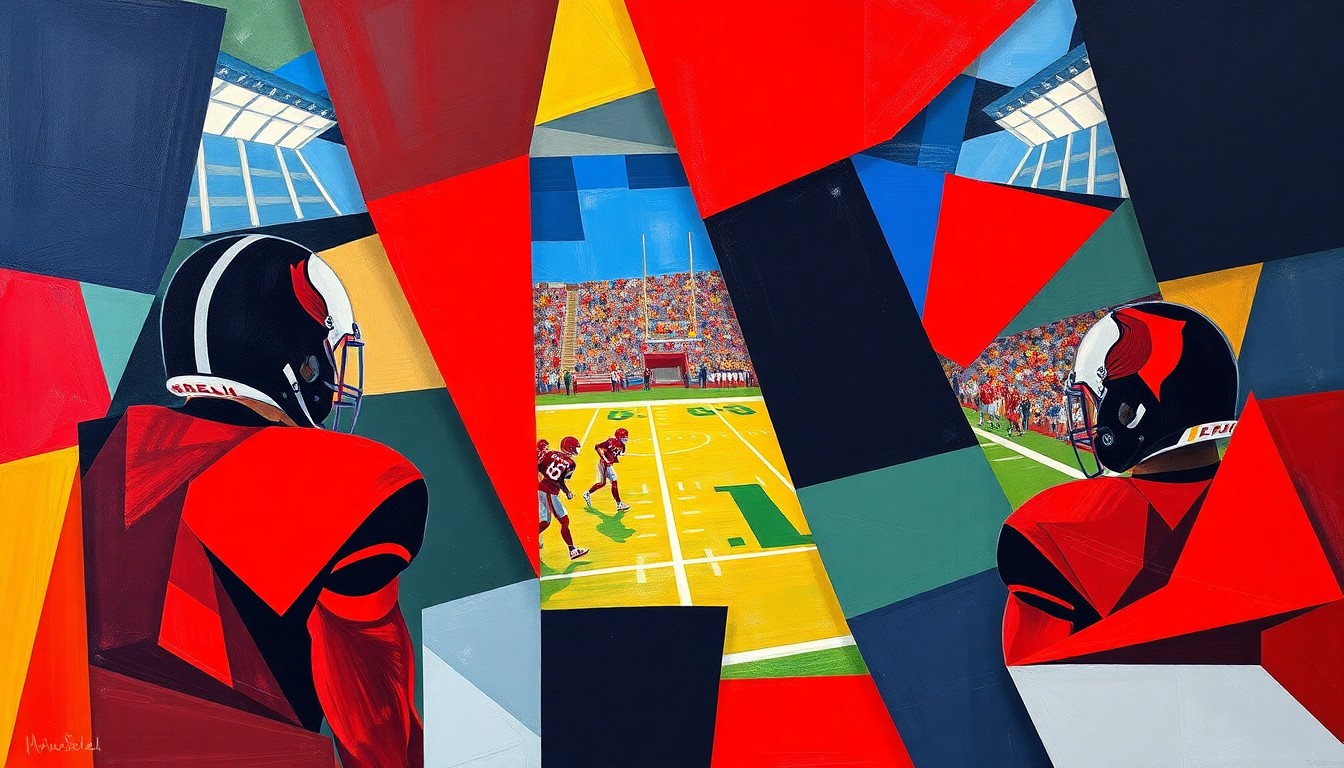 A cubist, geometric painting depicting a fragmented football field or coaching scene, with sharp, overlapping planes of color in the Cardinals