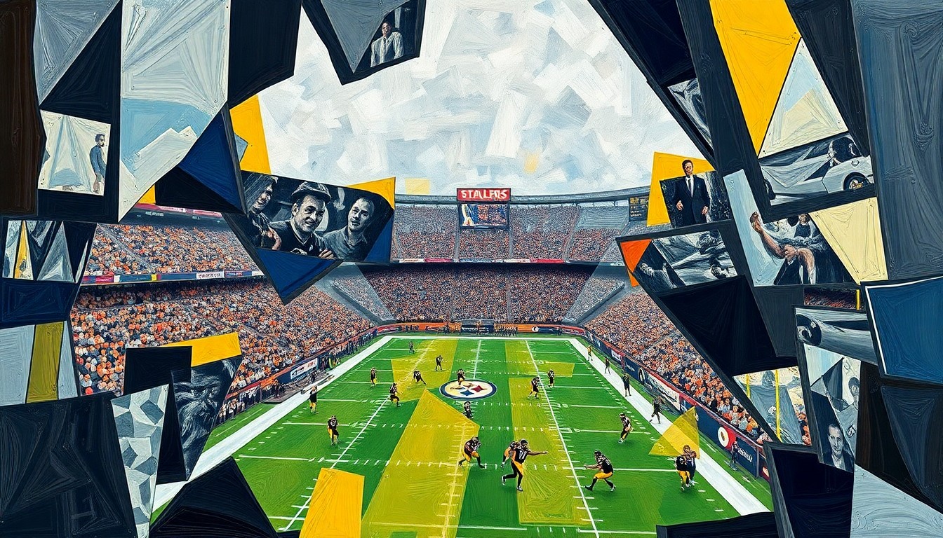 A fragmented, cubist-style painting depicting a Steelers football game, with sharp geometric shapes and planes representing the dynamic, multi-faceted nature of the team