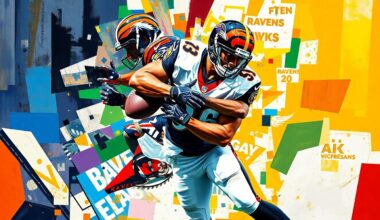 A fragmented, geometric painting depicting a football player in the midst of a sack, with sharp planes of color representing the Ravens and Bengals uniforms, conveying the emotional intensity and drama of the story.