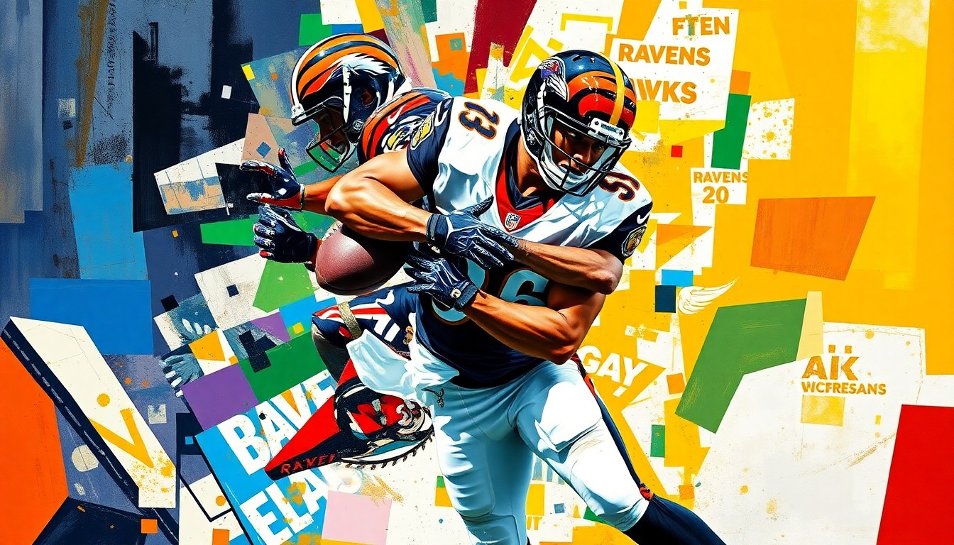 A fragmented, geometric painting depicting a football player in the midst of a sack, with sharp planes of color representing the Ravens and Bengals uniforms, conveying the emotional intensity and drama of the story.