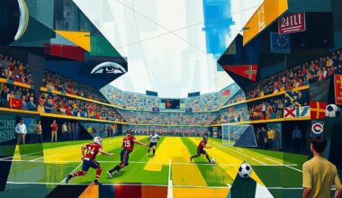 A cubist, geometric painting depicting a football game or match, with players and the field abstracted into sharp, overlapping planes of color and shape, creating a dynamic and visually striking composition.