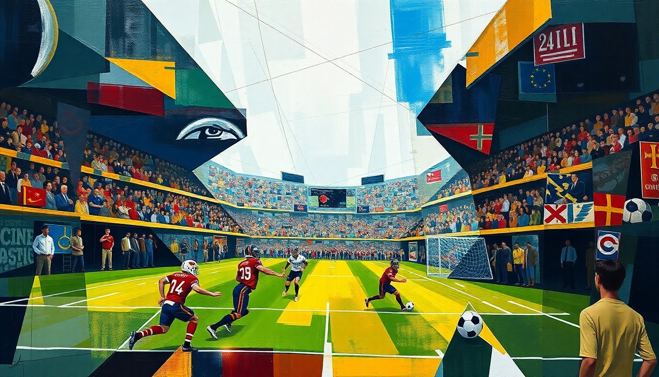 A cubist, geometric painting depicting a football game or match, with players and the field abstracted into sharp, overlapping planes of color and shape, creating a dynamic and visually striking composition.