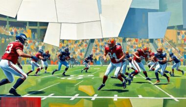A cubist, geometric painting depicting the energy and movement of a football practice or game, with players