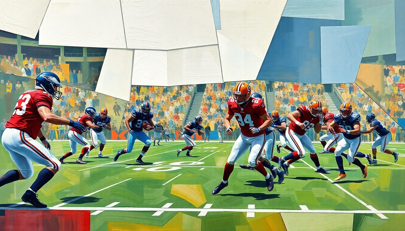 A cubist, geometric painting depicting the energy and movement of a football practice or game, with players