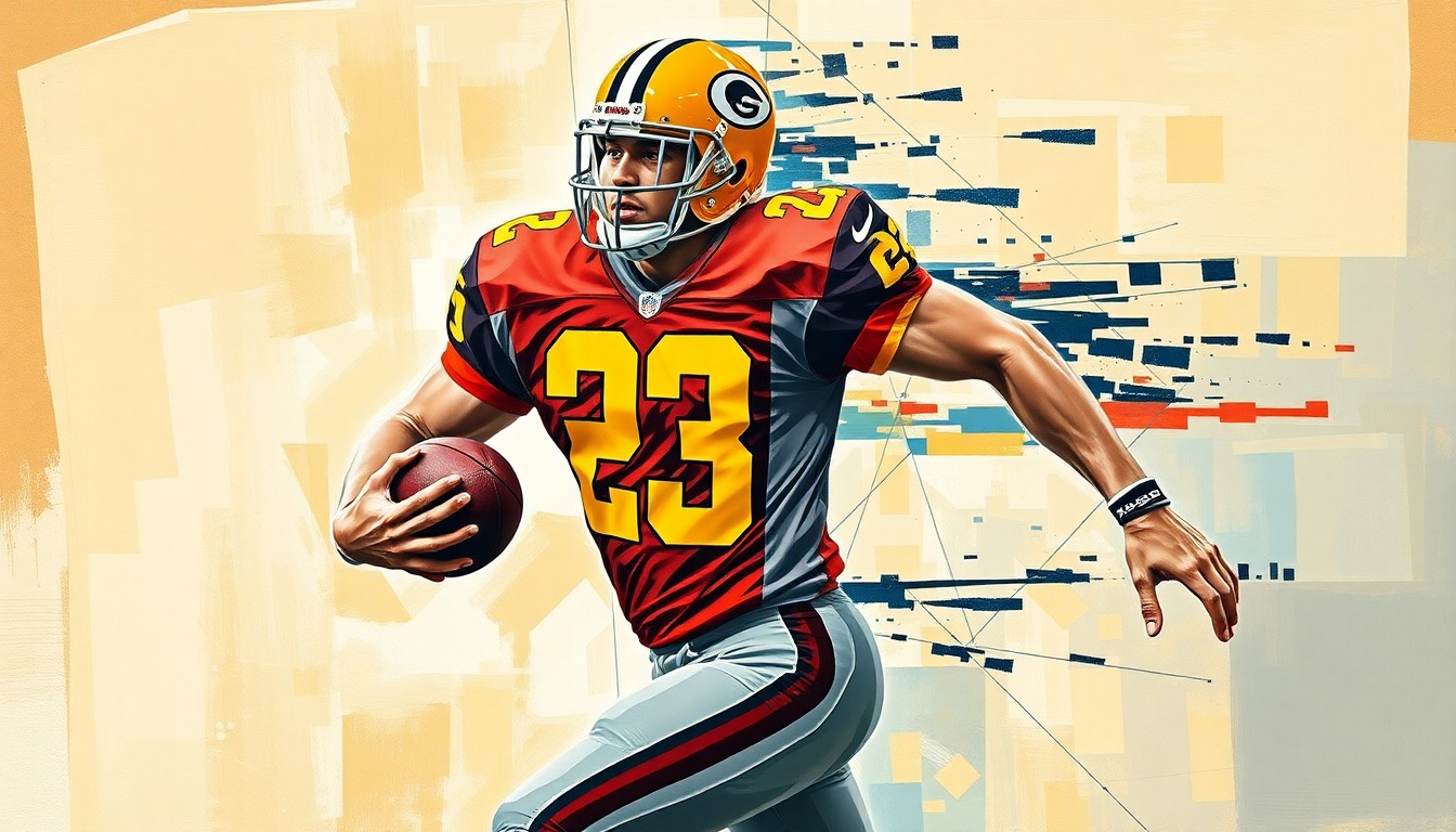 A cubist-style painting depicting a football player in mid-motion, with their body broken down into sharp, overlapping geometric shapes and planes, capturing the dynamic energy of the sport.