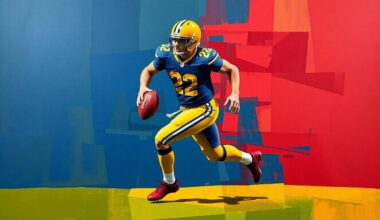 A fractured, geometric painting depicting a football player in mid-stride, with sharp planes of navy, gold, and crimson red conveying the dynamic motion and energy of the sport.