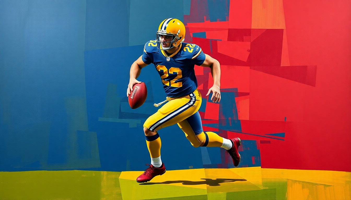 A fractured, geometric painting depicting a football player in mid-stride, with sharp planes of navy, gold, and crimson red conveying the dynamic motion and energy of the sport.