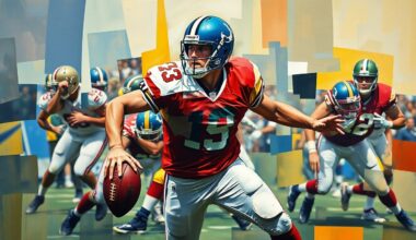 A cubist-style painting depicting a football player in the midst of a pass rush, with their body and movements broken down into sharp, overlapping geometric shapes and planes in shades of blue, green, and orange.