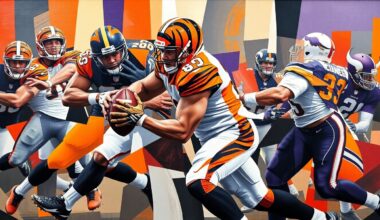 A fragmented, cubist-style painting depicting a defensive lineman