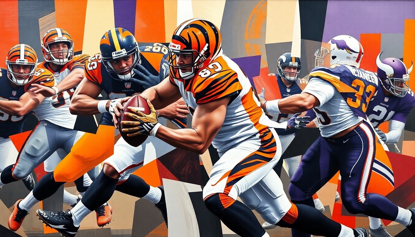 A fragmented, cubist-style painting depicting a defensive lineman