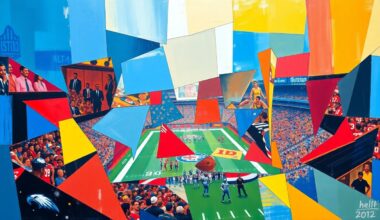A fragmented, geometric painting in bold primary colors depicting an abstract football scene, representing the strategic considerations behind a potential trade between the San Francisco 49ers and Arizona Cardinals.