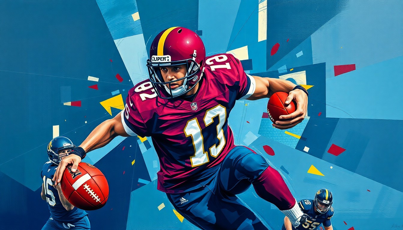 A cubist, geometric painting depicting a football player in motion, with their body and movements broken down into sharp, overlapping planes of navy blue, burgundy, and gold colors, conveying the dynamic, multifaceted nature of modern NFL offenses.