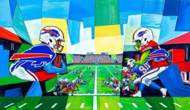 A fractured, multi-perspective painting in the style of Pablo Picasso, breaking down a football game or match between the Buffalo Bills and an opposing team into sharp, overlapping geometric planes in vibrant blues, greens, and reds.