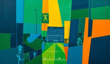 A dynamic, cubist-style painting depicting fragmented, geometric shapes in navy, green, and orange hues, conceptually representing the energy and intensity of a football game or match.