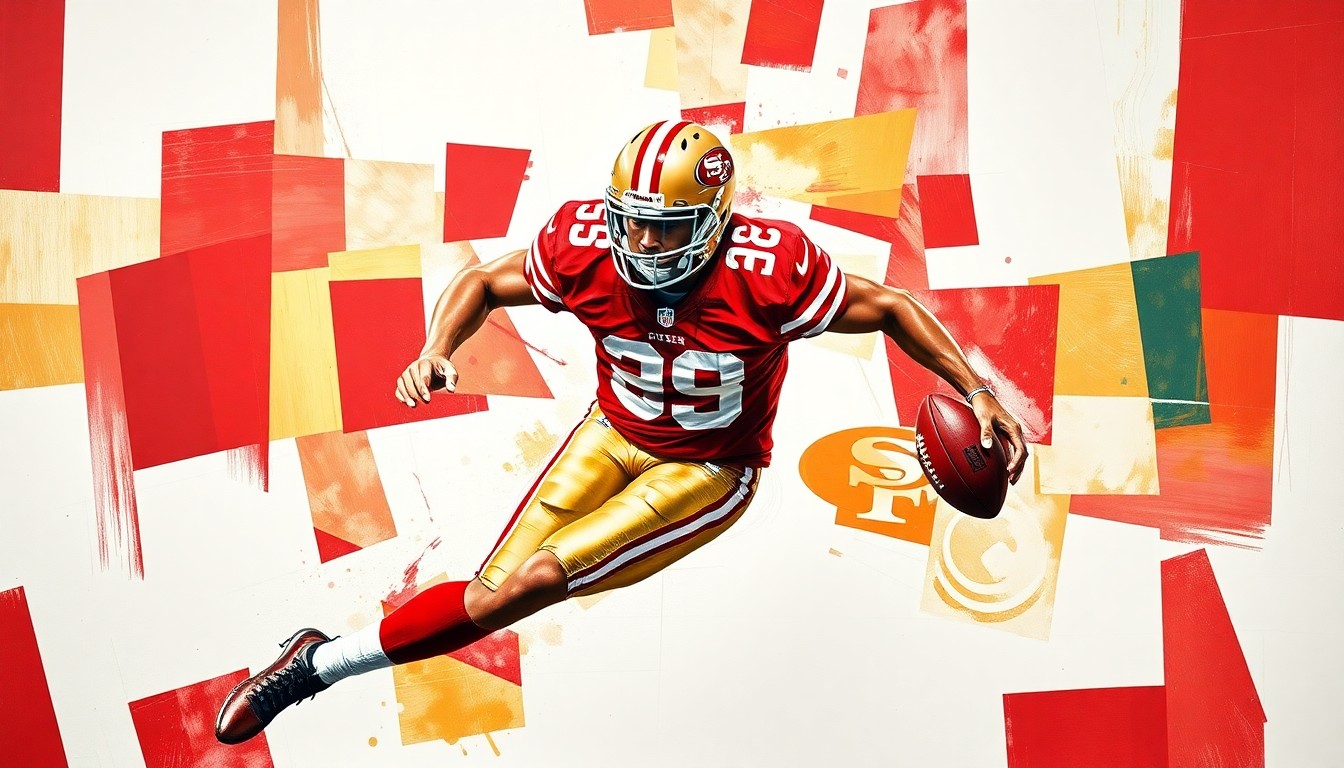 A fragmented, geometric painting depicting a football player in action, with sharp, overlapping planes of scarlet red and metallic gold, conveying the dynamic energy and technical skill of an offensive lineman.