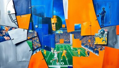 A fractured, cubist-style painting depicting an abstract football game or draft scene, with sharp geometric shapes and planes in vibrant blues, silvers, and oranges, conceptually representing the complex decisions facing the Panthers as they aim to build around their young quarterback.