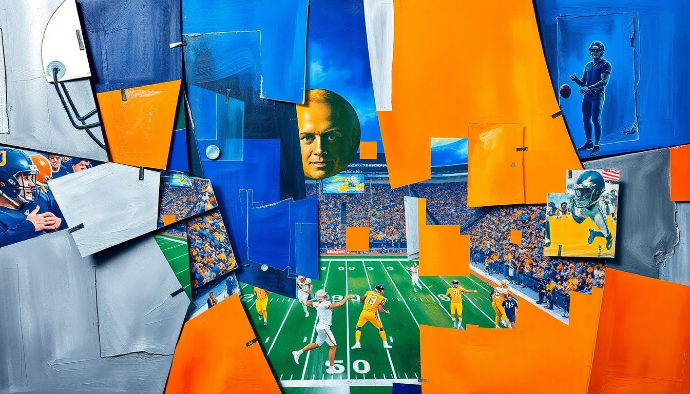 A fractured, cubist-style painting depicting an abstract football game or draft scene, with sharp geometric shapes and planes in vibrant blues, silvers, and oranges, conceptually representing the complex decisions facing the Panthers as they aim to build around their young quarterback.