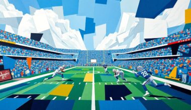 A cubist, geometric painting depicting a fractured, multi-perspective view of a football game, using the Detroit Lions